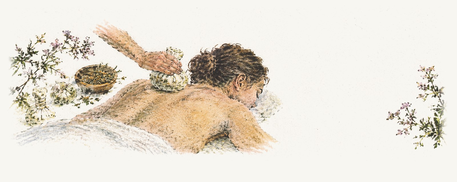 Watercolour of a practitioner pressing a warm cloth herbal compress onto a woman&rsquo;s upper back, with more compresses and a bowl of dried herbs beside her.