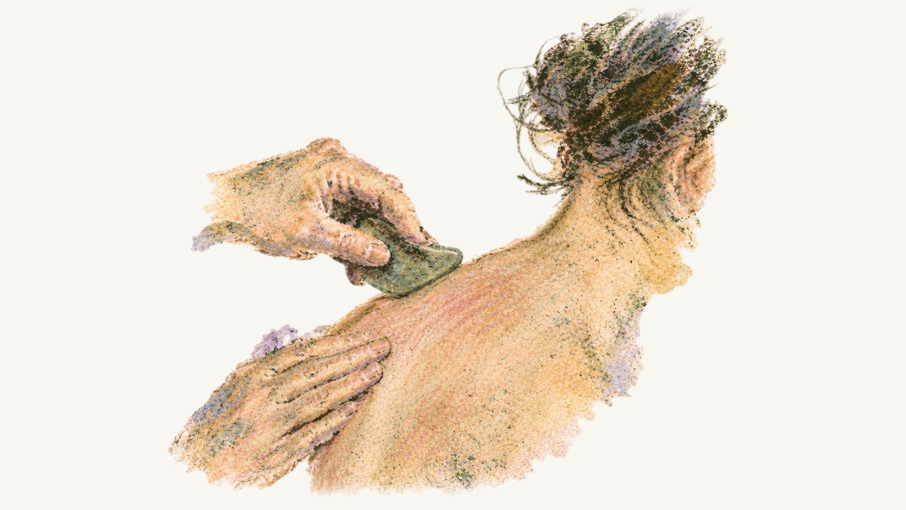 Watercolour of a patient seen from behind with their hair pinned up, a practitioner's hands at their shoulder, one drawing a green stone gua sha tool along the top of the back.