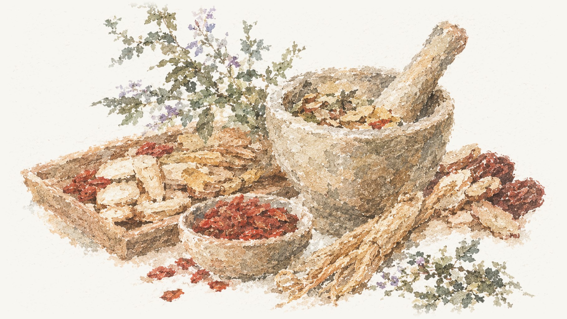 Watercolour of a stone mortar and pestle beside a tray of sliced dried roots, a bowl of goji berries and lengths of ginseng.