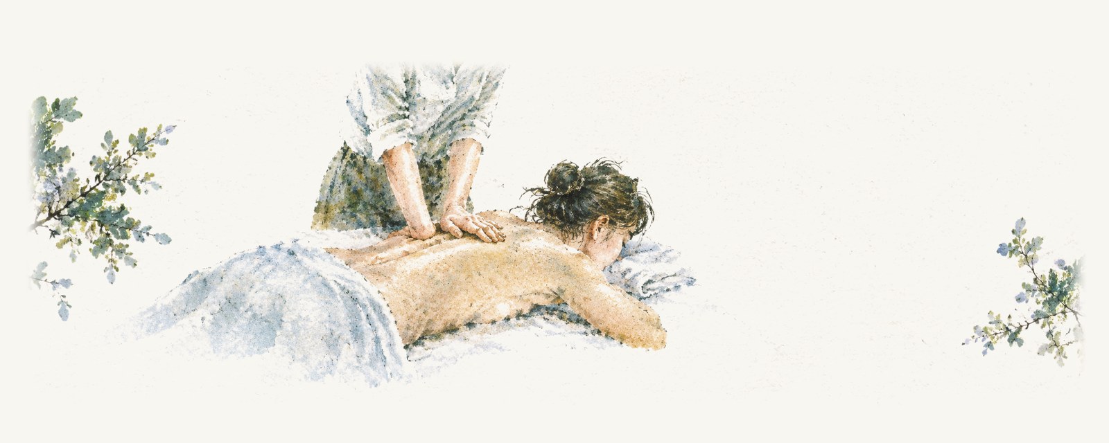 Watercolour of a practitioner leaning over a woman lying face down, pressing both hands into the muscle beside her spine.