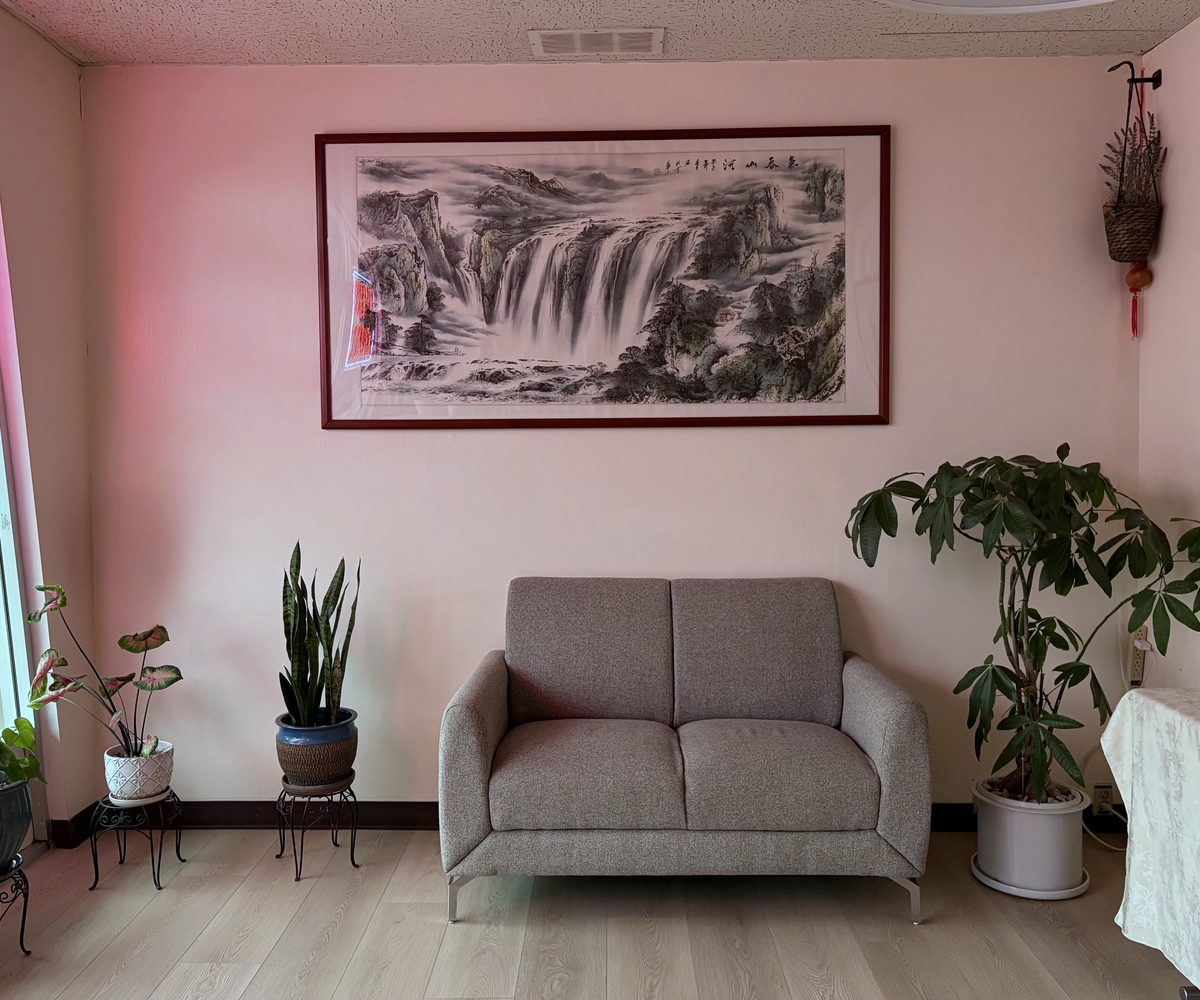 The A-Care waiting room: a small sofa under a framed Chinese ink landscape, with potted plants along the front window.